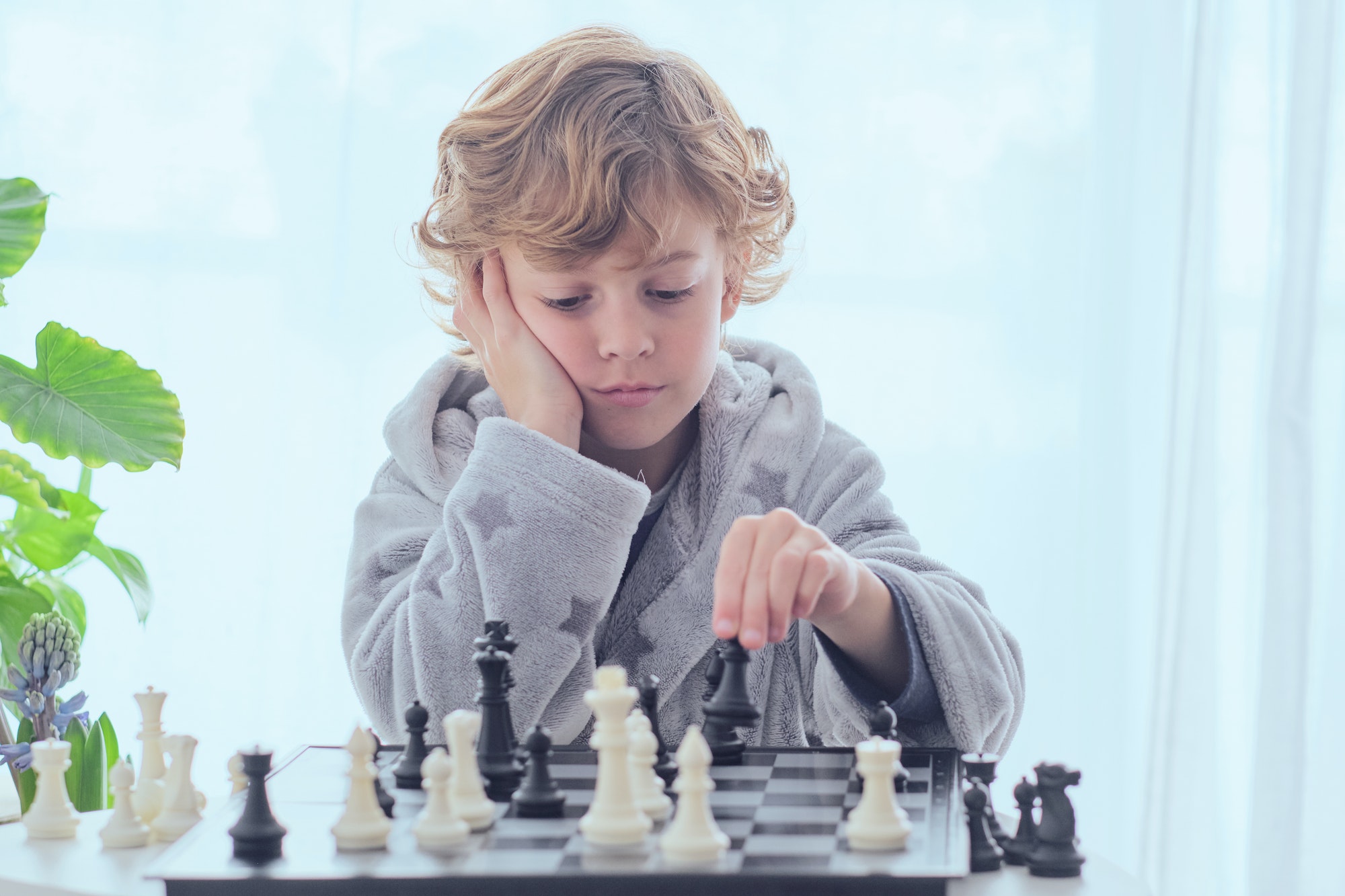 Clever boy playing chess in room Clever boy playing chess in room